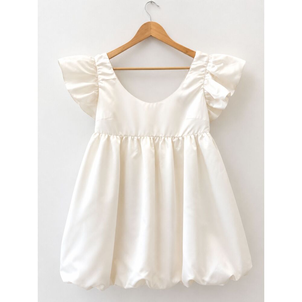 Day + Moon White Bubble Hem Mini Dress Medium Ruffle Sleeve Cottagecore EUC
